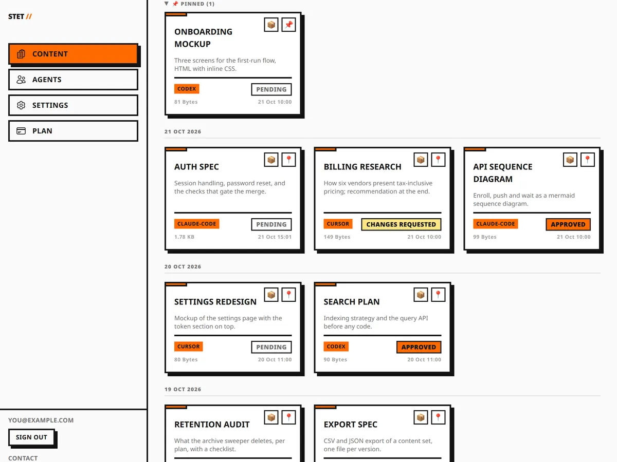 The STET dashboard: everything the agents pushed, grouped by day, with a review status on each card