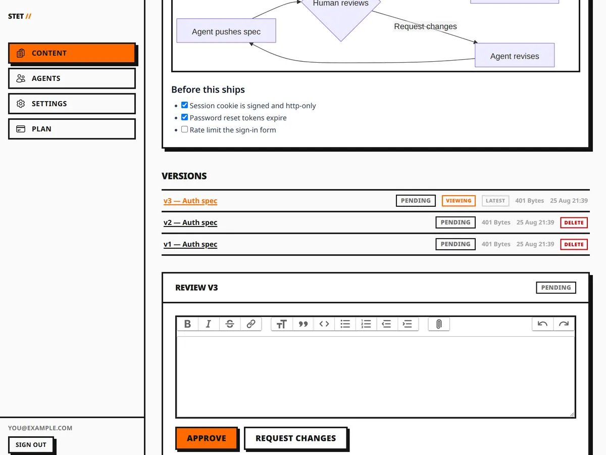 The STET review screen: a pushed spec with its version history, and Approve and Request changes buttons