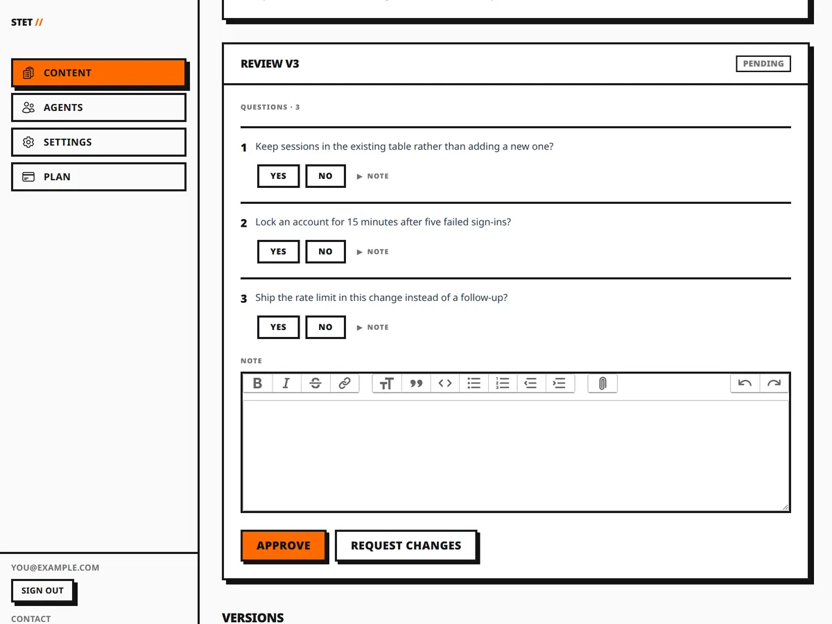 The STET review screen: a pushed spec with its version history, and Approve and Request changes buttons